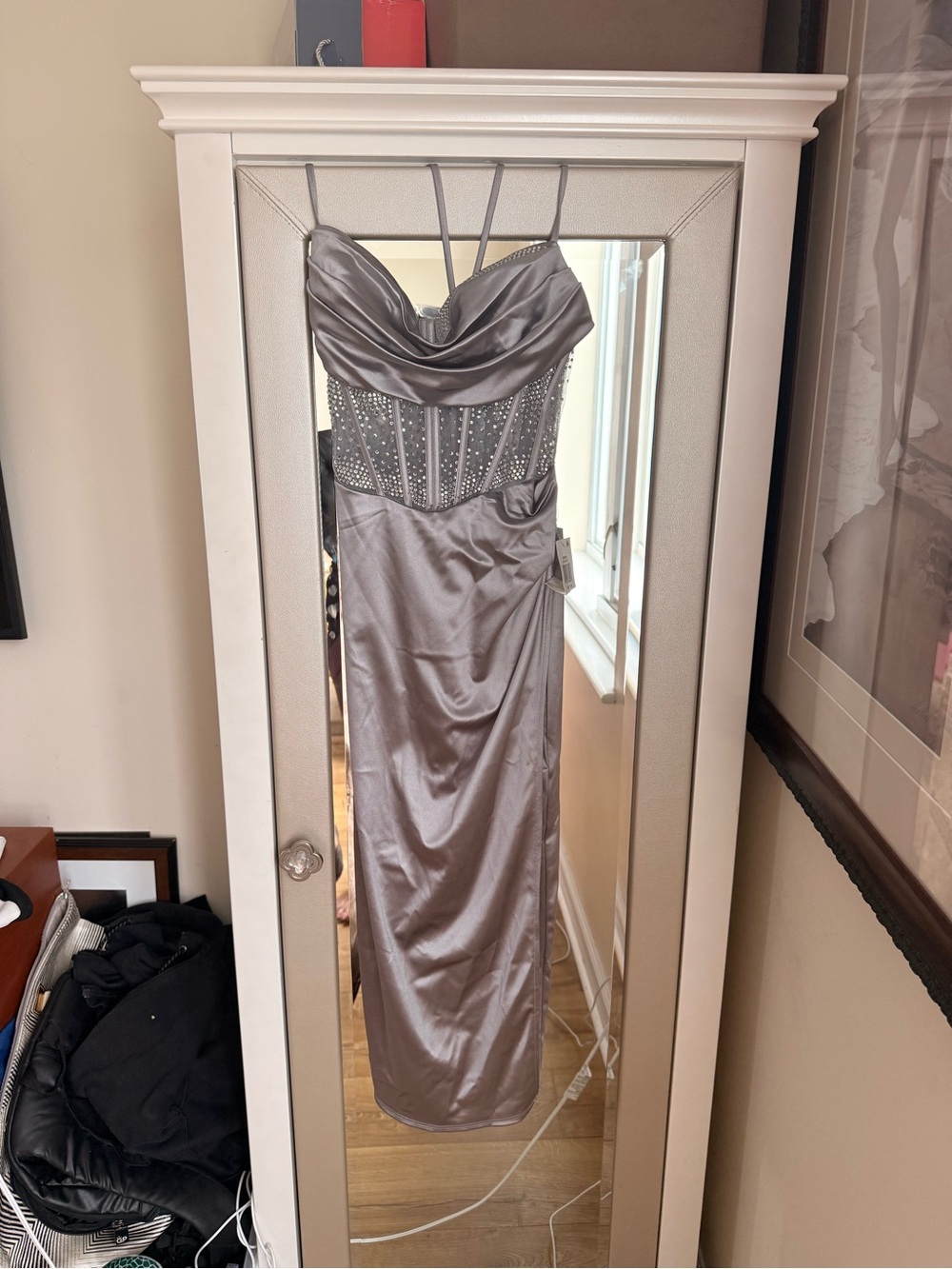 Silver Strapless Prom Dress with Embellished Bodice